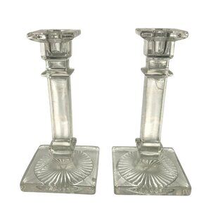 Westmoreland Antique Column Style Etched Glass Candlestick Holders Sun Burst